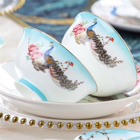 合燊陶瓷餐具套装中式家用 描金60头百鸟朝凤骨瓷餐具礼品