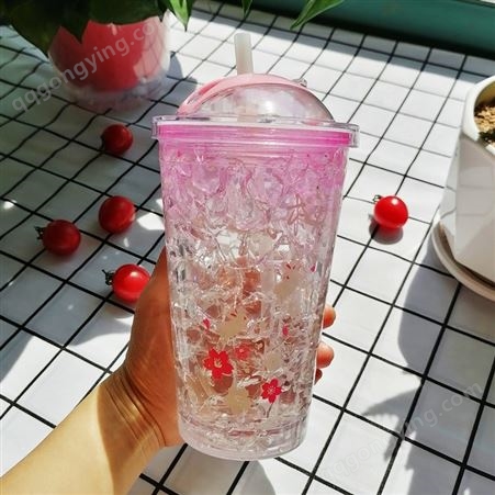 厂家直供批发塑料水杯夏日双层凝胶吸管杯网红滑盖制冷碎冰杯