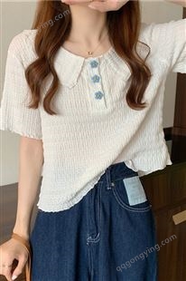 花朵短袖衬衫2021新夏季设计感娃娃女领t恤韩风chic短款雪纺上衣