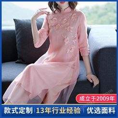 新款重磅手工刺绣淡雅气质中国风复古真丝连衣裙夏